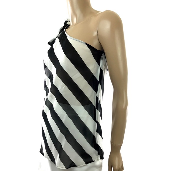 Redemption Black & White Stripe Blouse One Shoulder Sheer w Scarf Sz 4 100% Silk - Picture 4 of 7